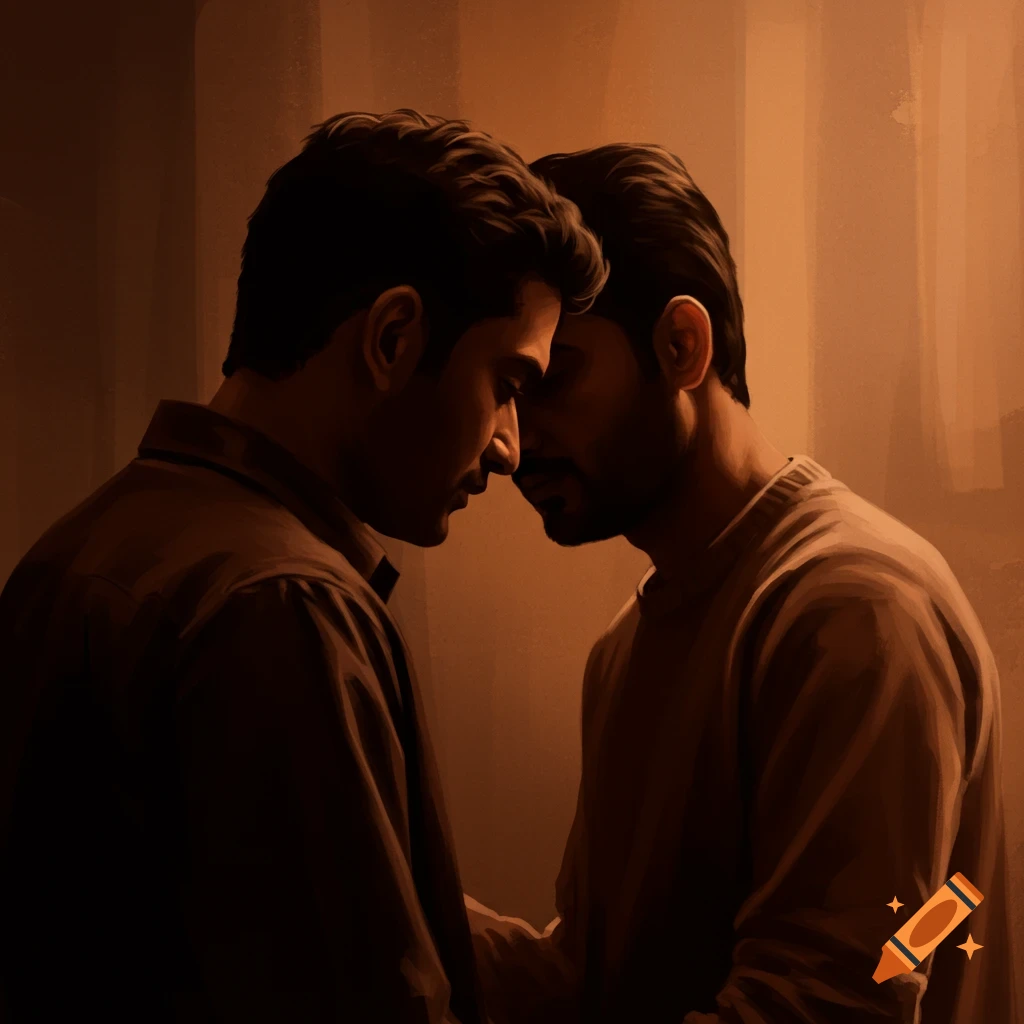 Two men in profile, heads touching, in a warm, dark setting.