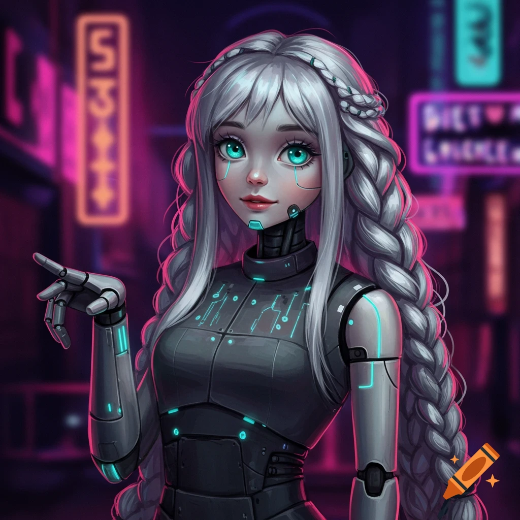 Illustration of a robot girl with silver hair in a futuristic city with neon signs.