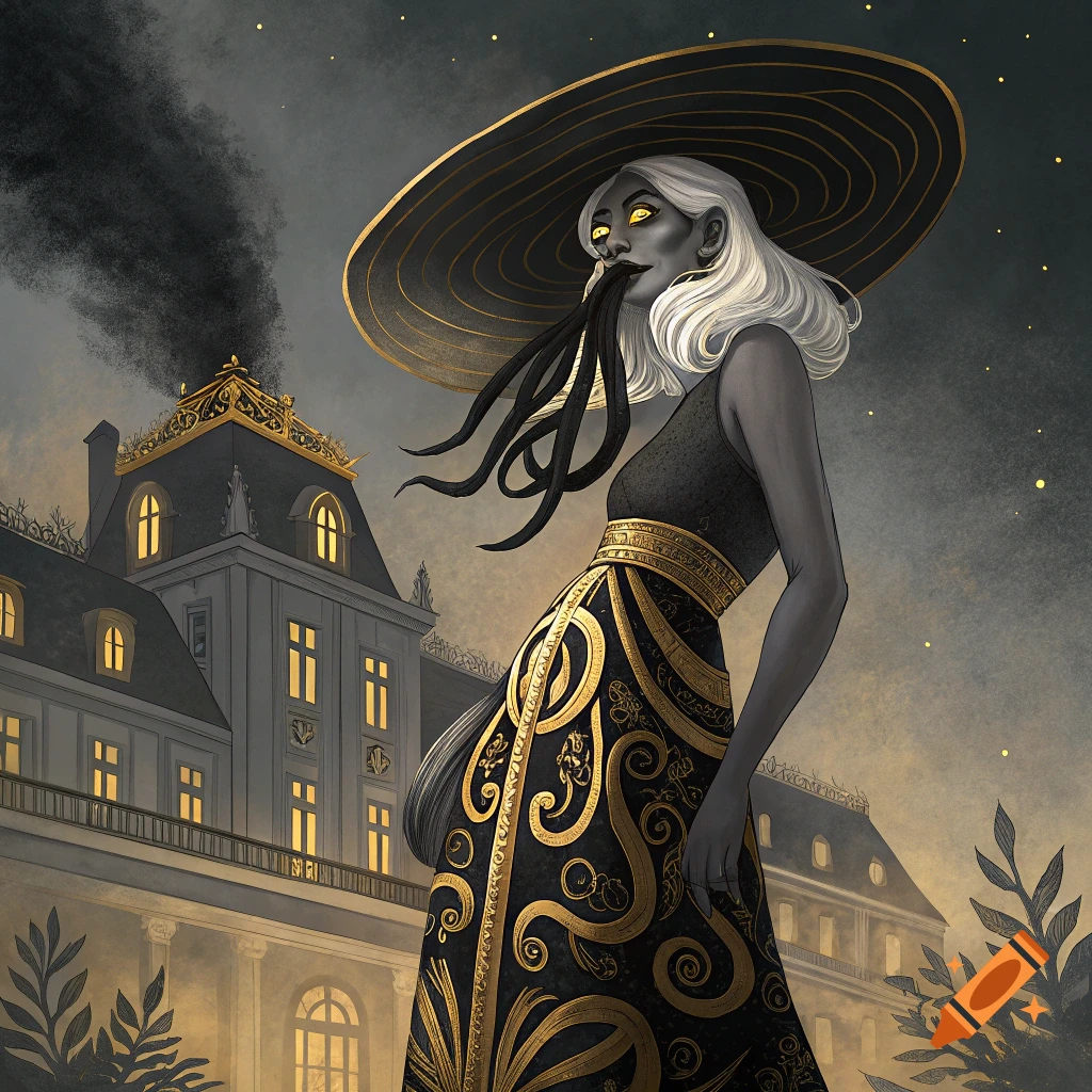 Stylized illustration of a woman with tentacles for a mouth, wearing an ornate black and gold dress and large hat, standing before a grand estate at night.