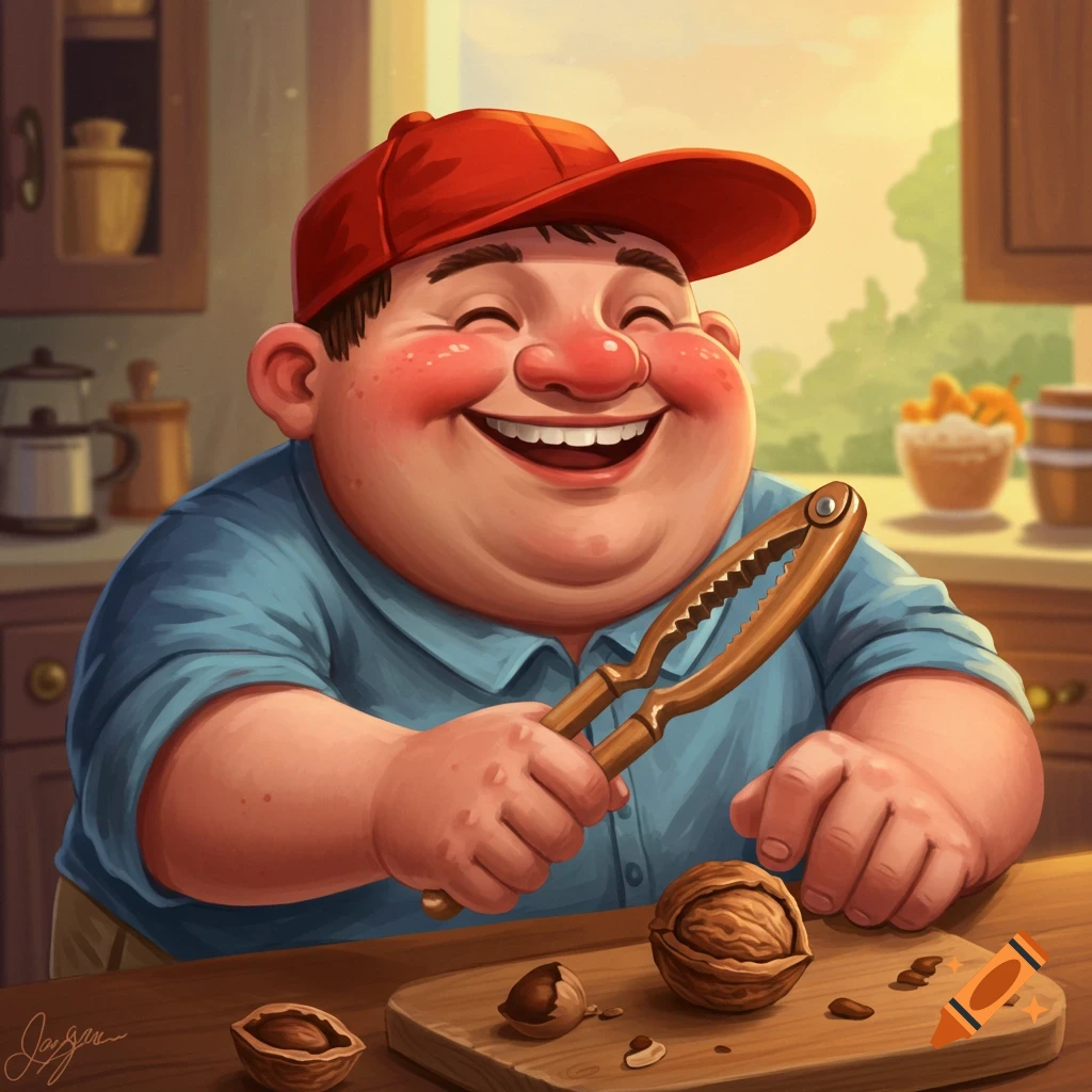 A happy man in a red cap cracking a nut in a kitchen.