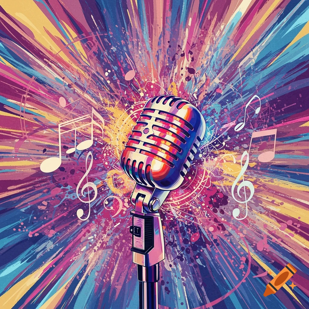 Retro microphone on a colorful abstract background with musical notes.