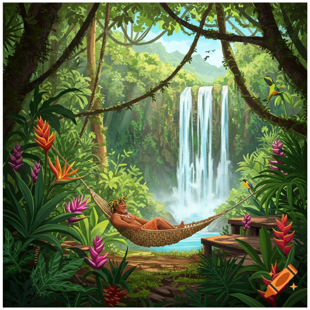 A person relaxing in a hammock in a tropical rainforest with a waterfall.