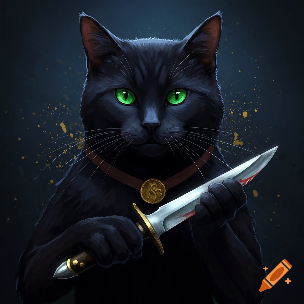 A black cat with green eyes wearing a collar holds a bloody knife.