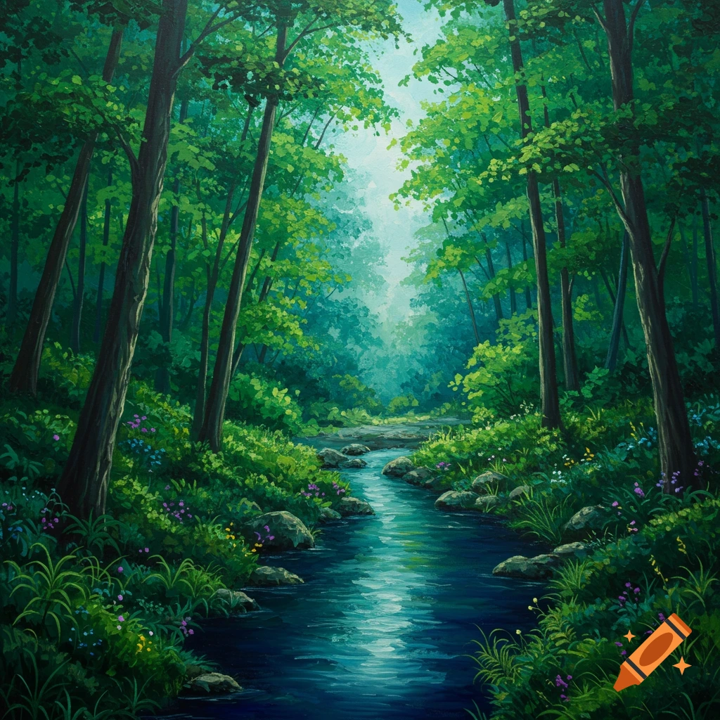 Painted forest scene with stream and sunlight filtering through trees.
