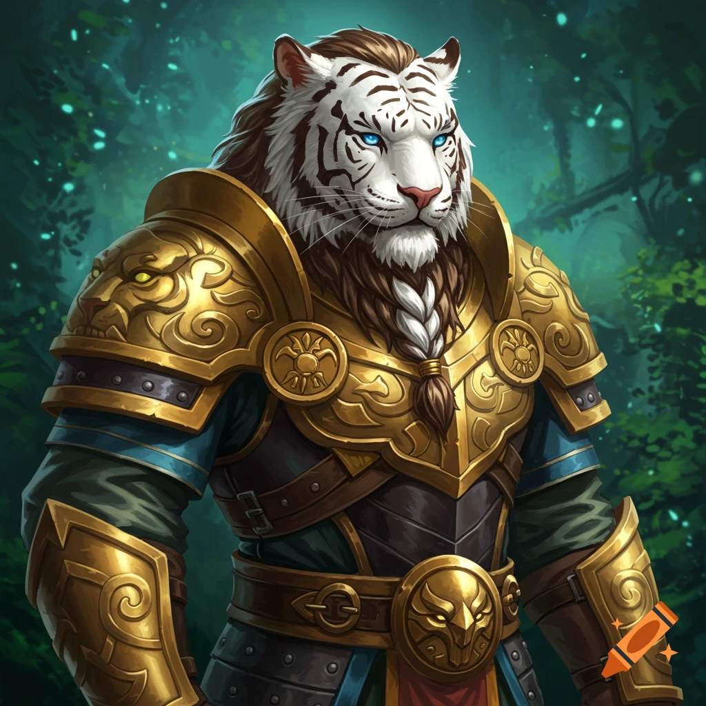 A white tiger humanoid in golden armor in a forest.