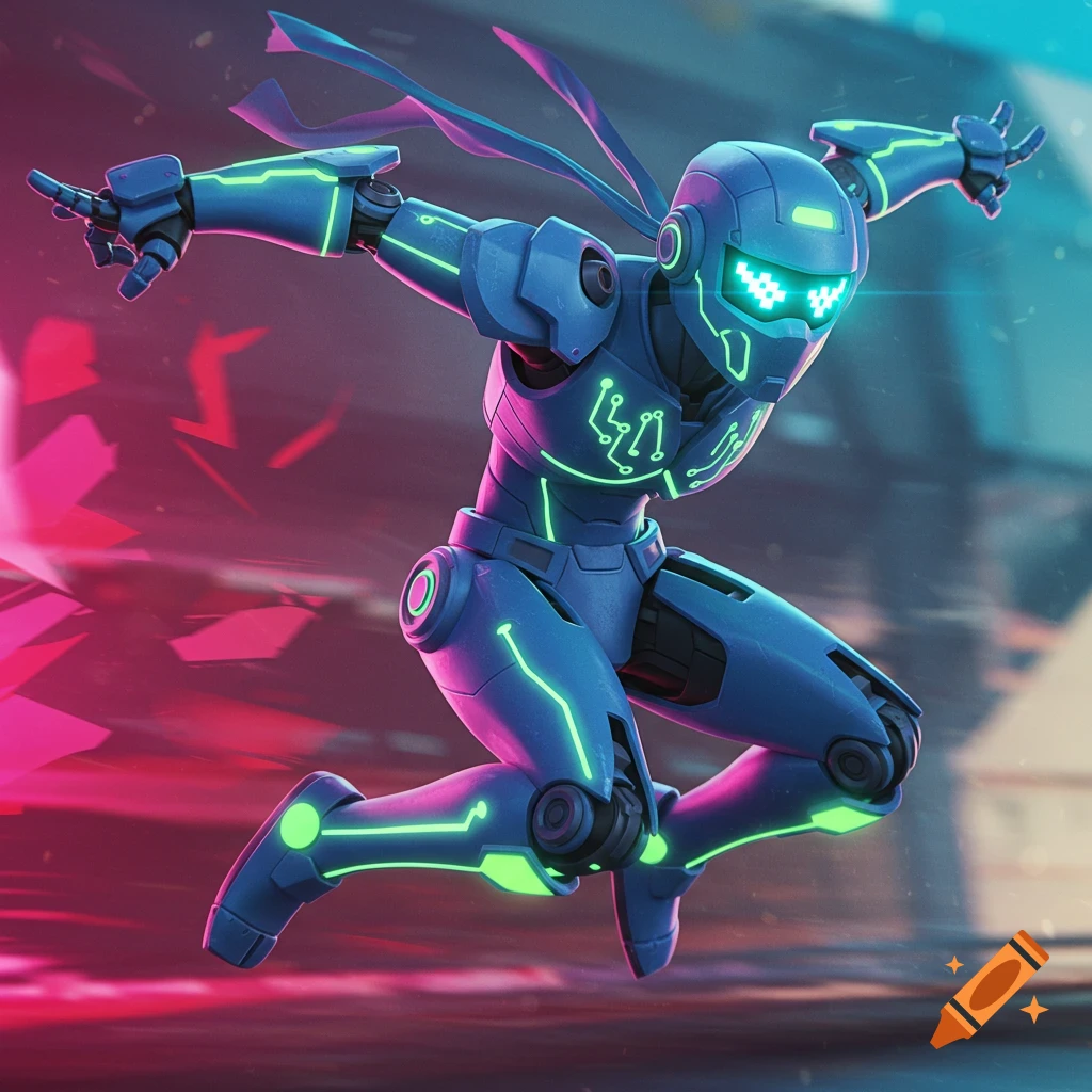 A stylized blue robotic ninja leaps with green neon lights on its body.