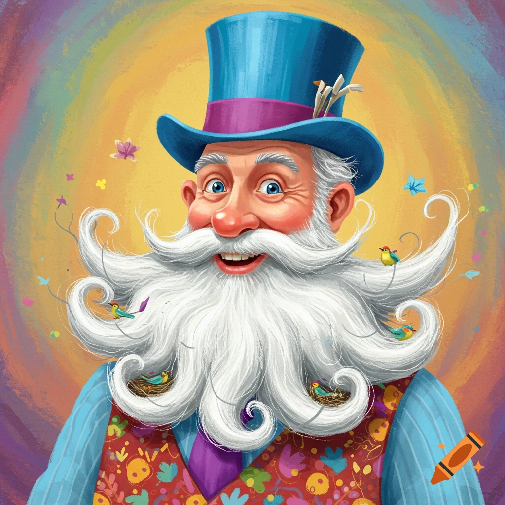 Painting of a cheerful old man with a whimsical white beard containing birds and nests, wearing a blue top hat and colorful vest.