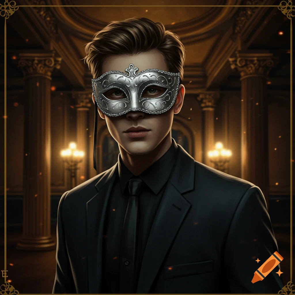 A man in a suit wearing a masquerade mask is shown in a formal interior.