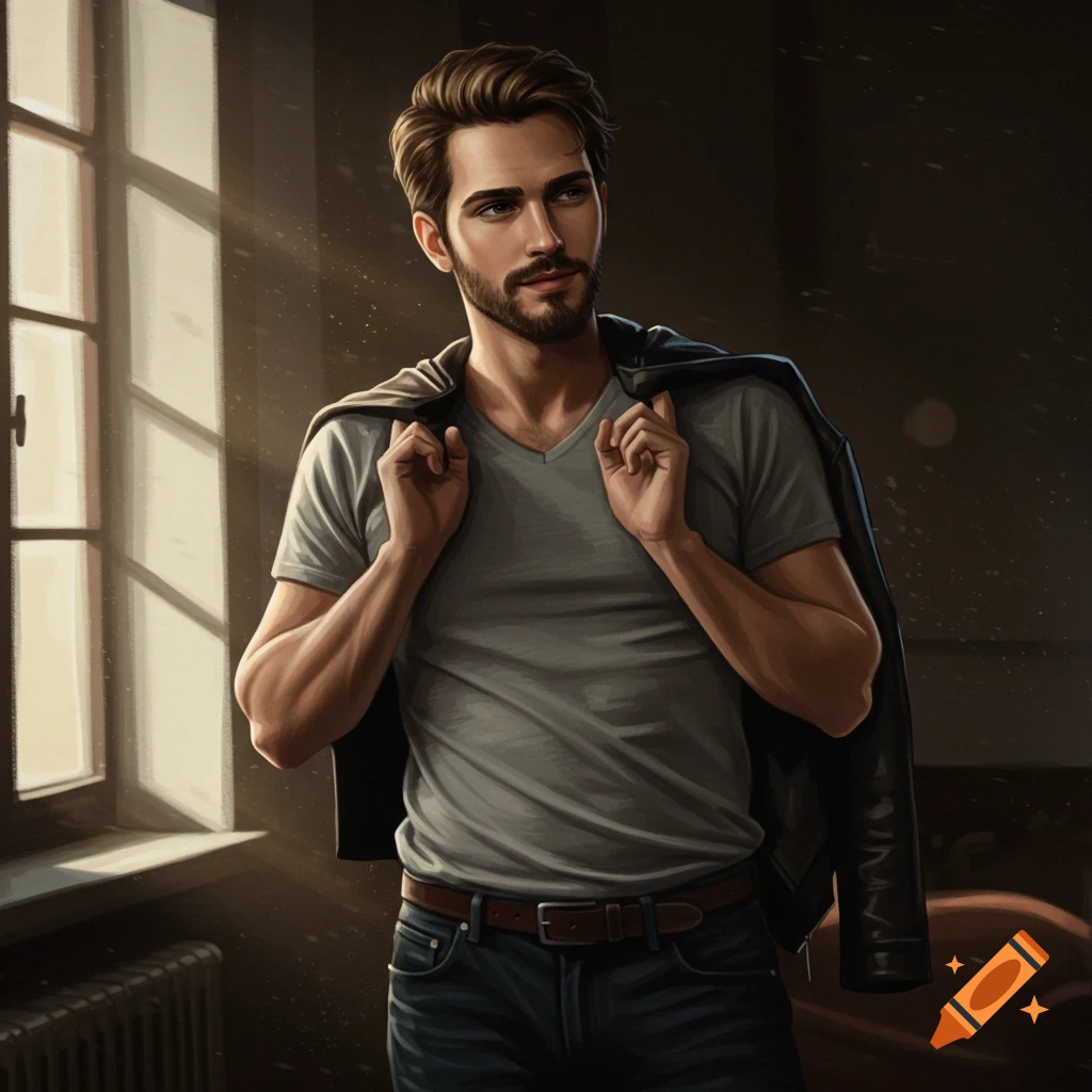 A man in a grey t-shirt and leather jacket is standing by a window.