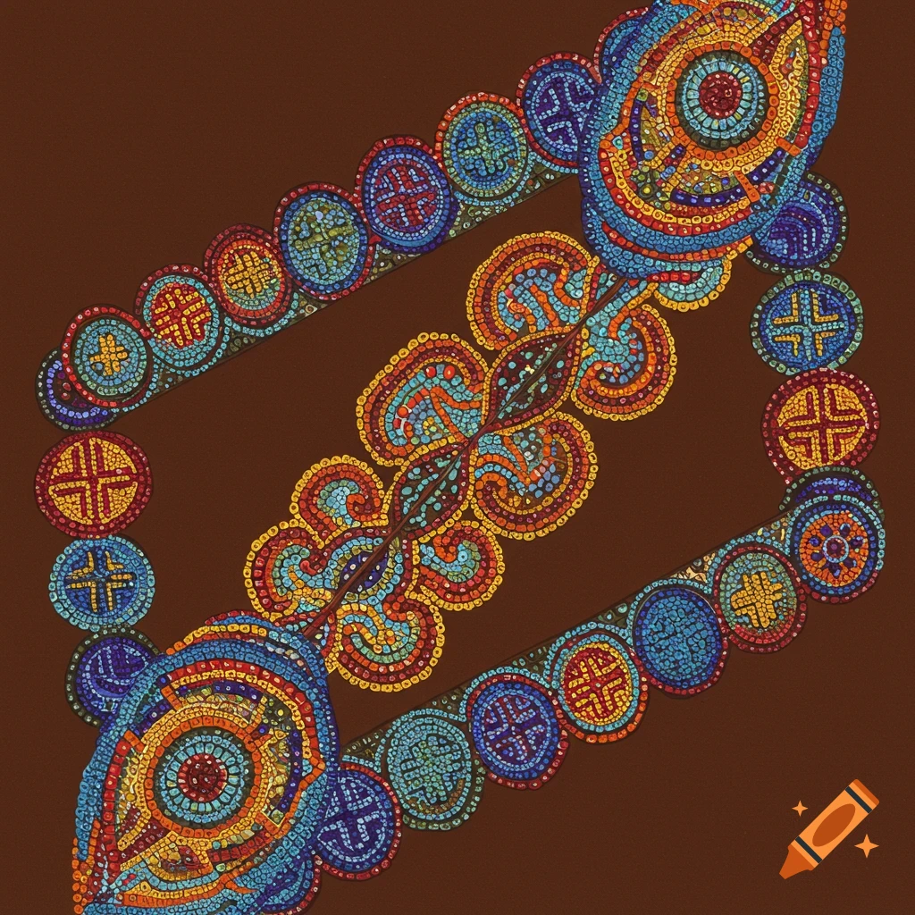 Intricate, colorful beadwork patterns on a brown background.