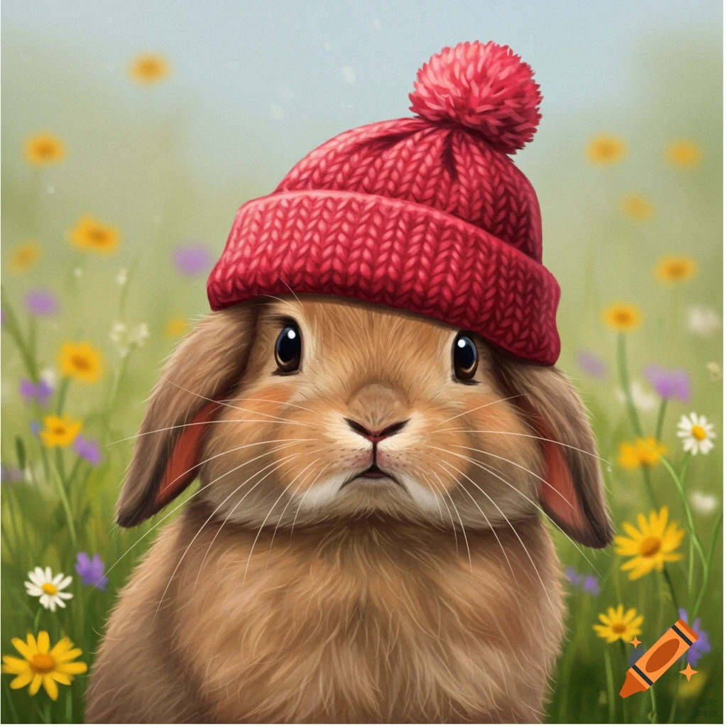 A realistic brown bunny wearing a red knit hat in a field of colorful flowers.
