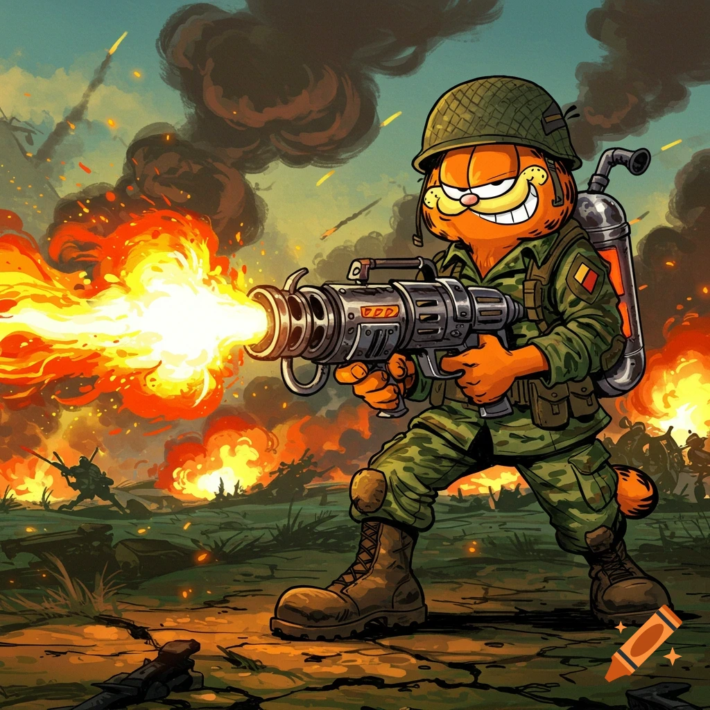 Cartoon Garfield dressed as a soldier shooting a flamethrower in a battlefield.