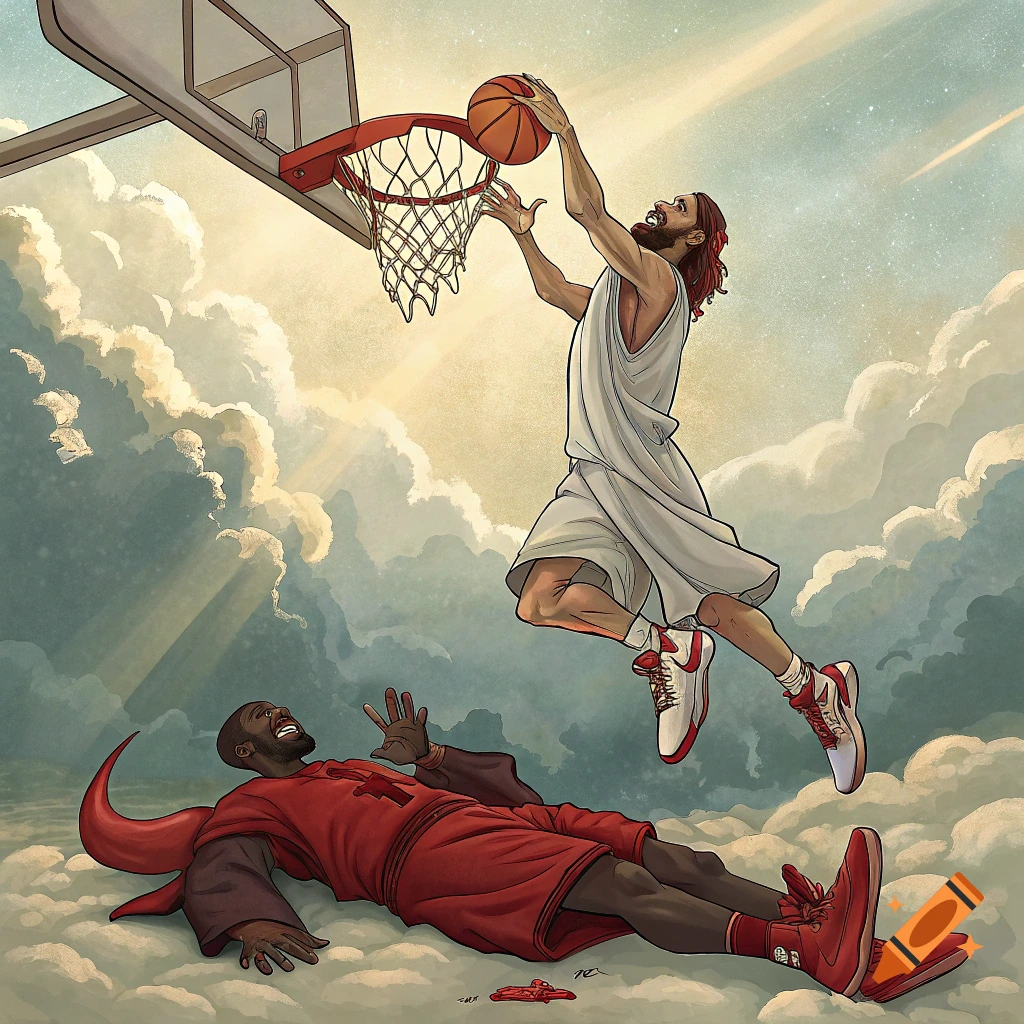 Jesus dunks a basketball over a fallen Satan on clouds, in a comic book style.