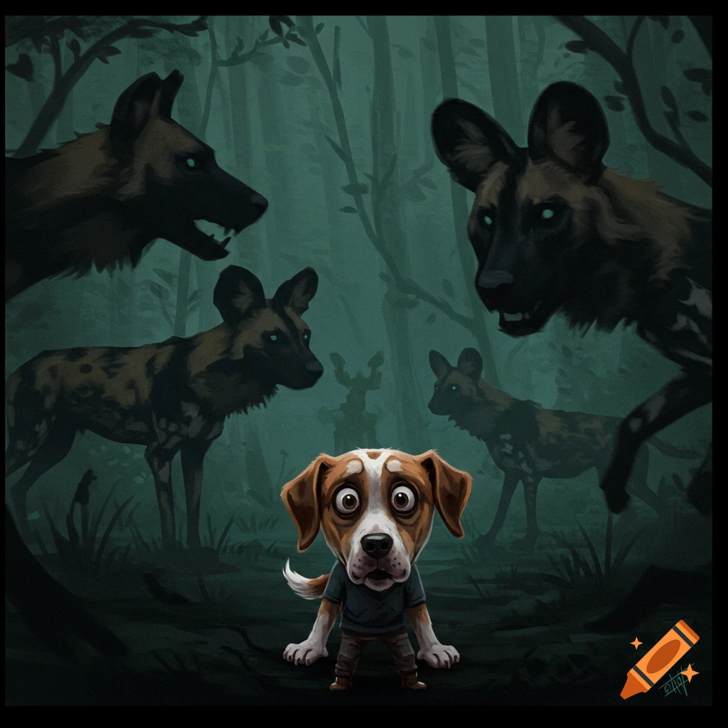 A scared dog is surrounded by shadowy wild dogs in a dark, foggy forest.