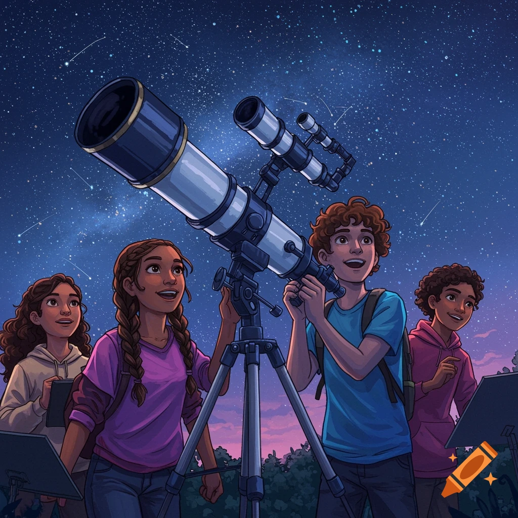 An illustration of a diverse group of children using a large telescope to look at the stars at night.