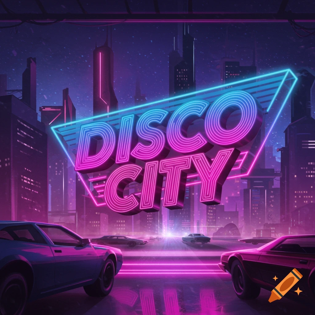Neon sign reading DISCO CITY over a futuristic cityscape with cars in a synthwave style.