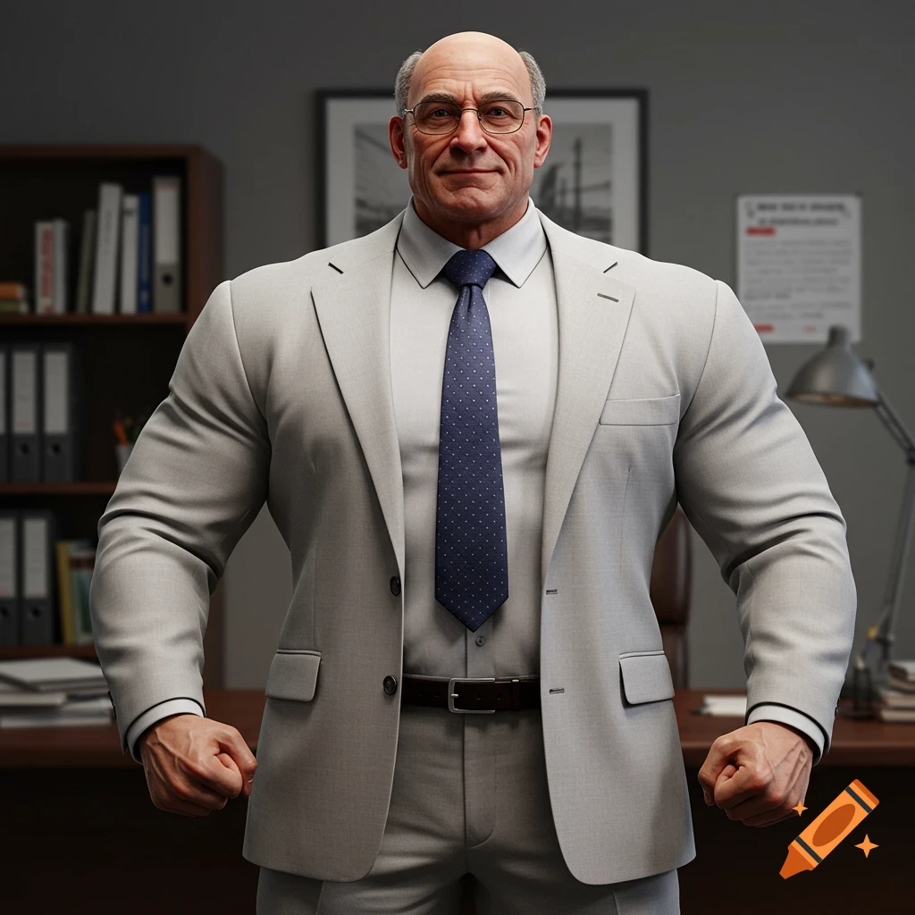 A muscular bald man wearing glasses, a grey suit, and a blue tie stands in an office.