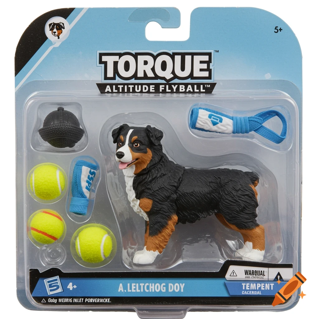 A toy dog action figure in clear blister packaging with accessories and text labels.