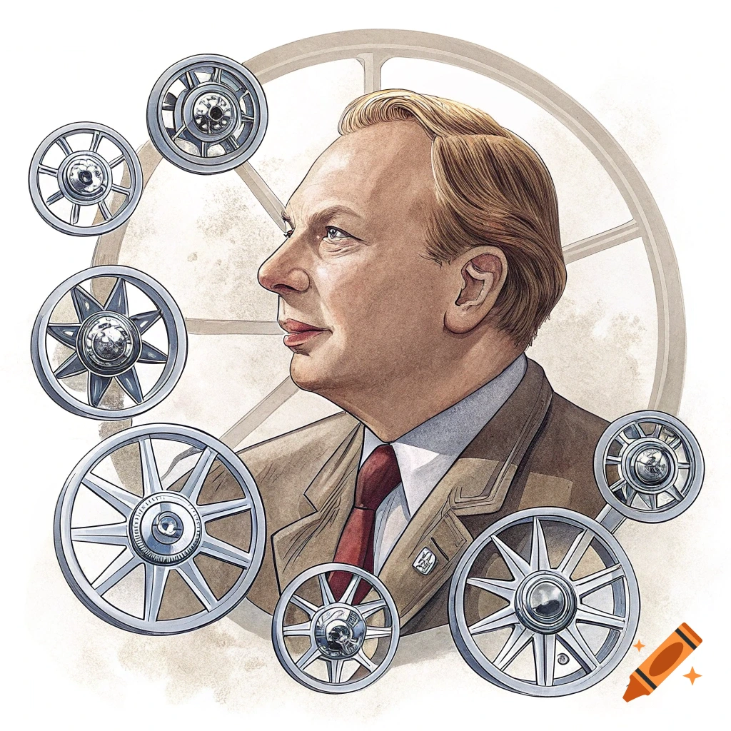 Illustration of a man with car wheel hubs floating around his head