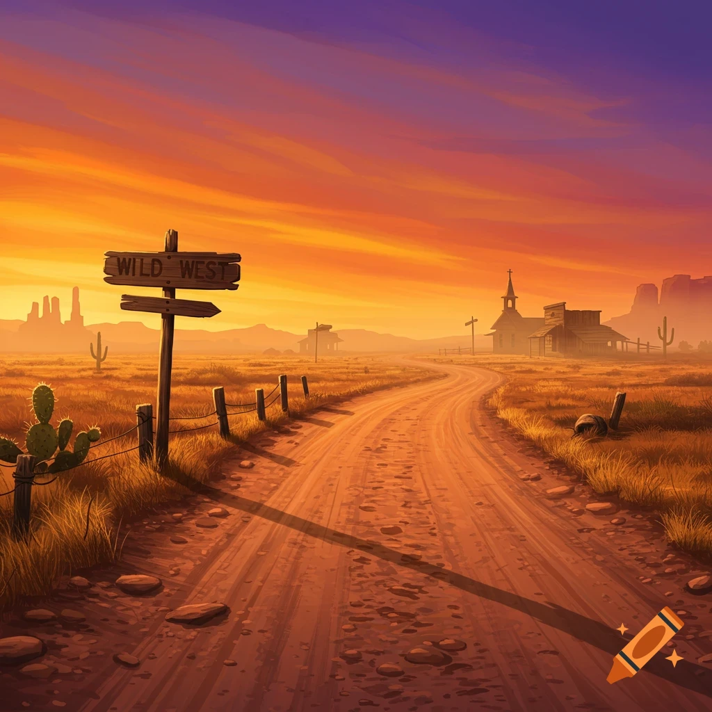 A wild west dirt road at sunset with a signpost