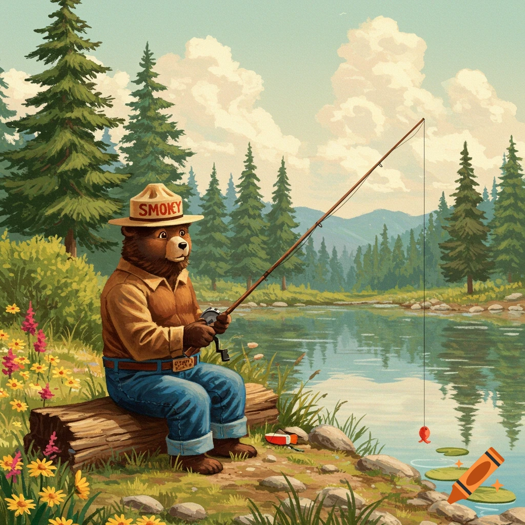 Illustration of Smokey the Bear sitting on a log fishing in a forest lake.