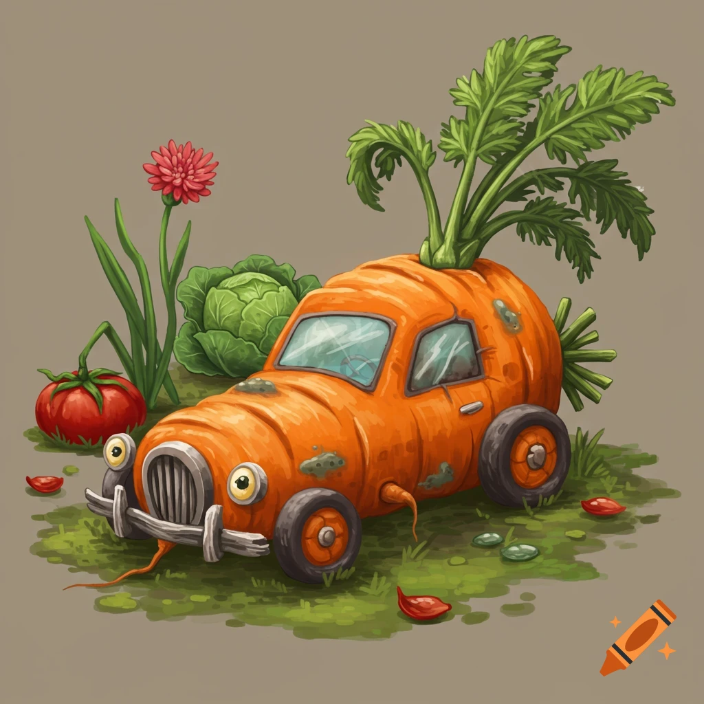A carrot-shaped car with eyes in a garden with vegetables.