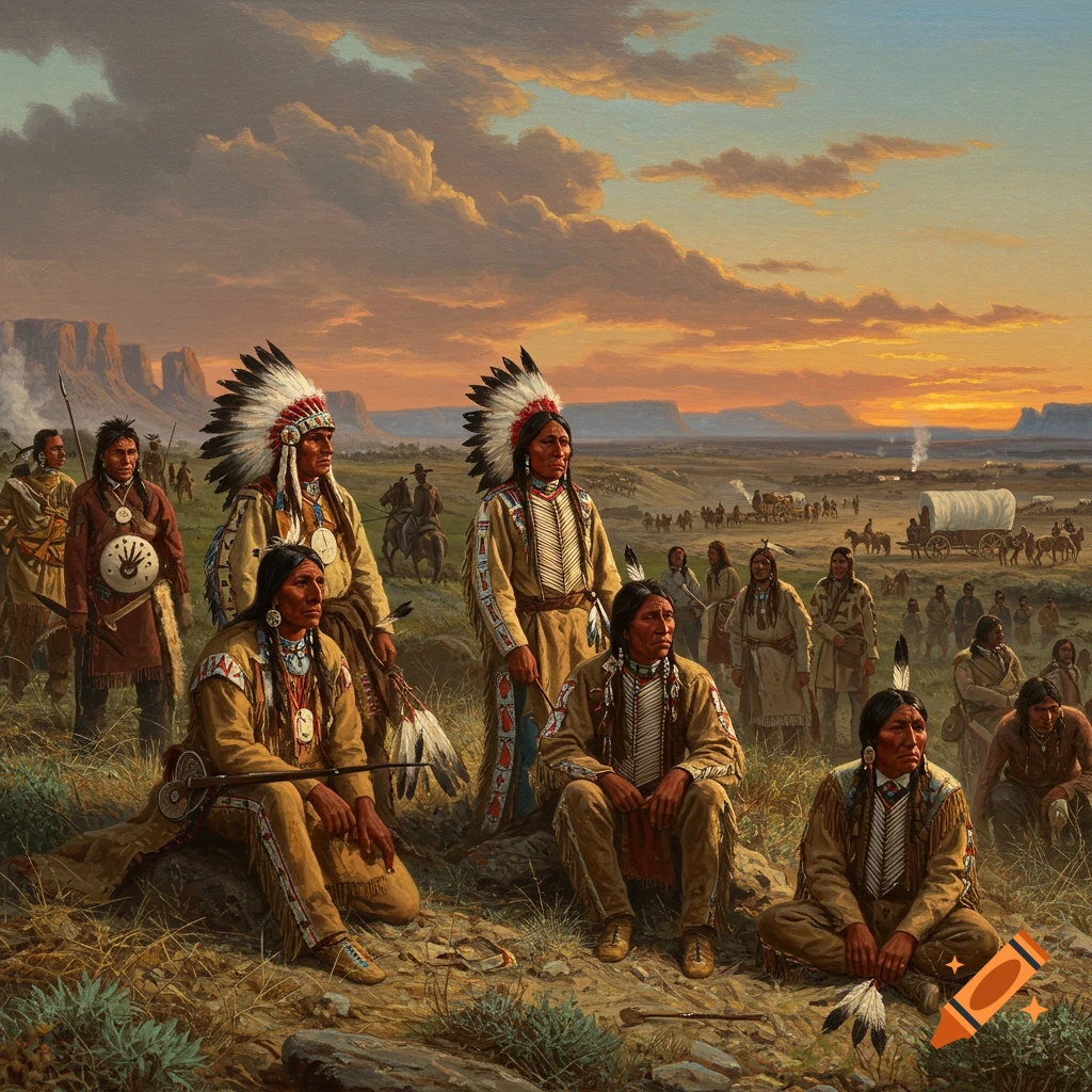 Painting of Native Americans in traditional dress gathered in a landscape with a wagon train in the distance.
