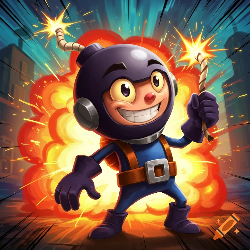 A cartoon character with a bomb for a head holds lit fuses with an explosion behind them. Digital art.