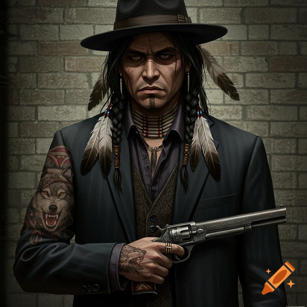 A Native American man in a suit and hat holding a pistol.