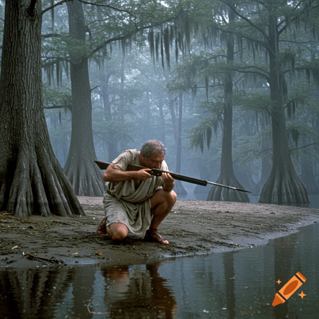 Man in tunic crouched by swamp river, aiming long gun at water, misty cypress trees background