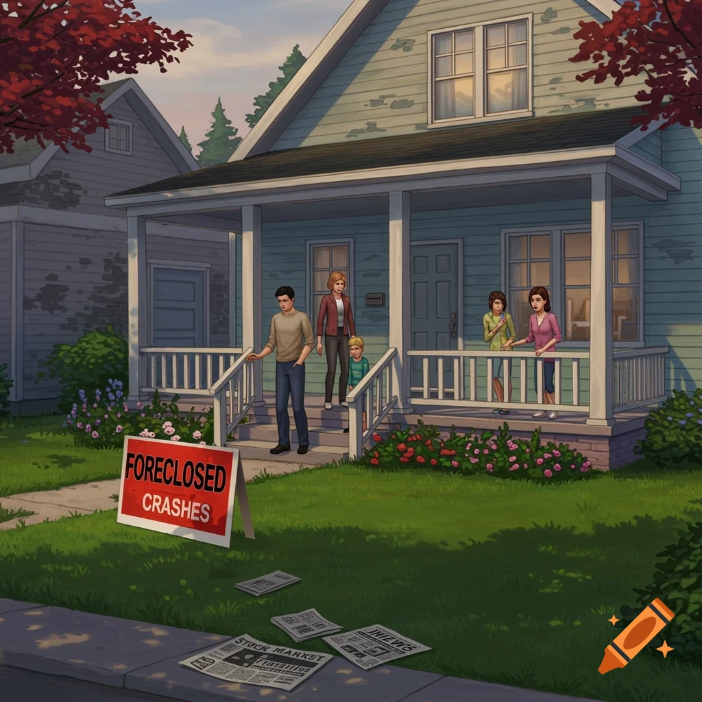 Cartoon illustration of a family by a foreclosed house with a sign and newspapers on the lawn.