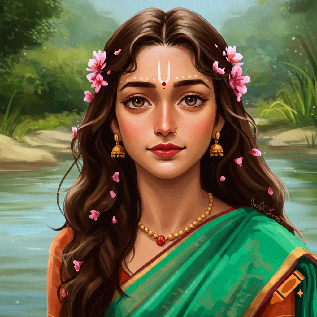 A woman with flowers in her hair, wearing a saree and jewelry, by a river.