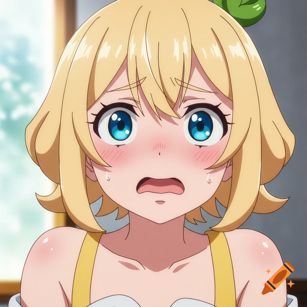Close-up anime portrait of a blonde-haired girl with blue eyes looking scared, sweat drops on her face.