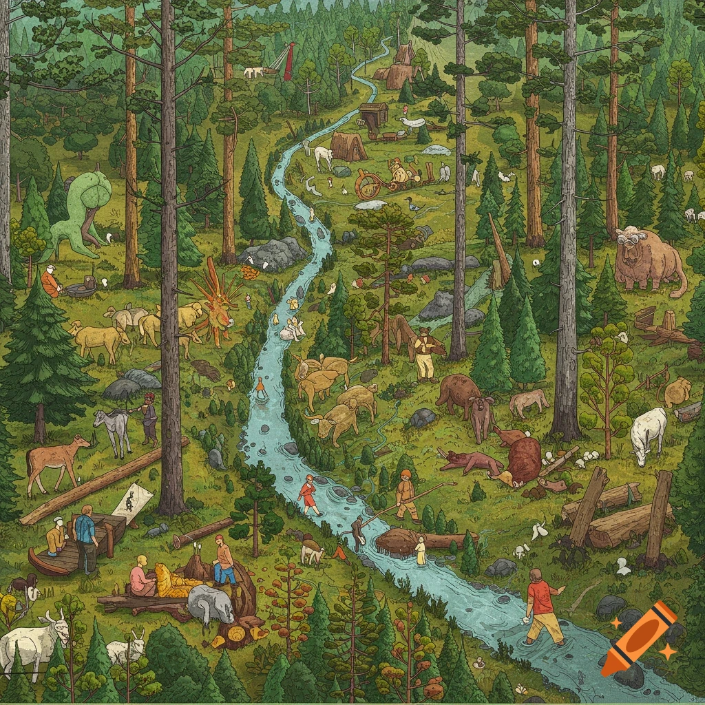 Detailed illustration of a forest with a river, humans and animals interacting.