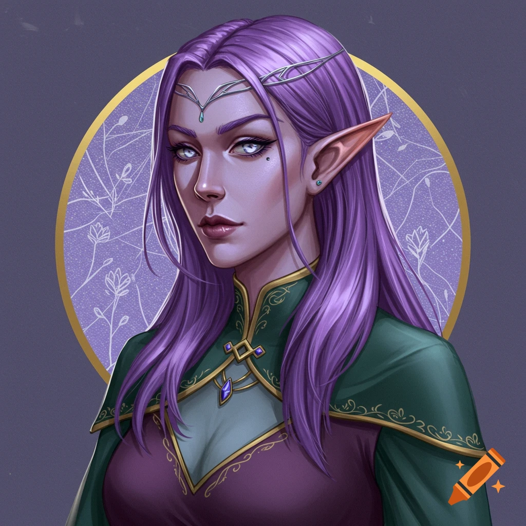 Digital portrait of a female elf with purple hair, silver eyes, and fantasy clothing.