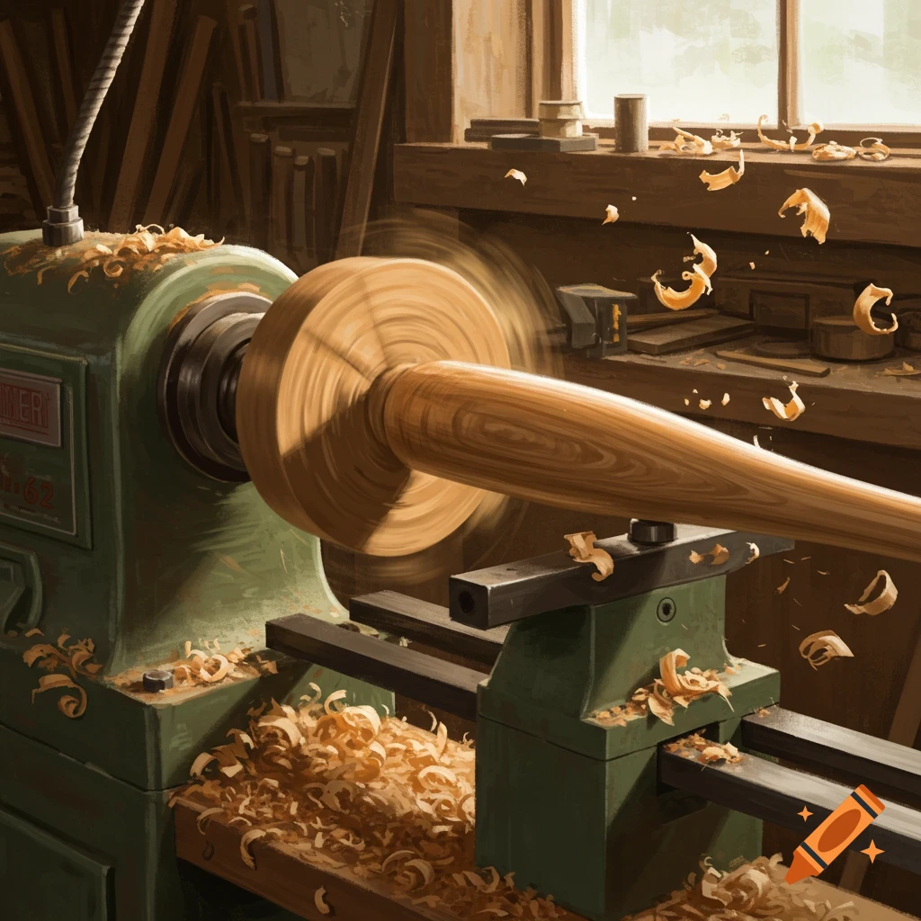 A baseball bat being shaped on a woodworking lathe in a workshop, with wood chips flying.