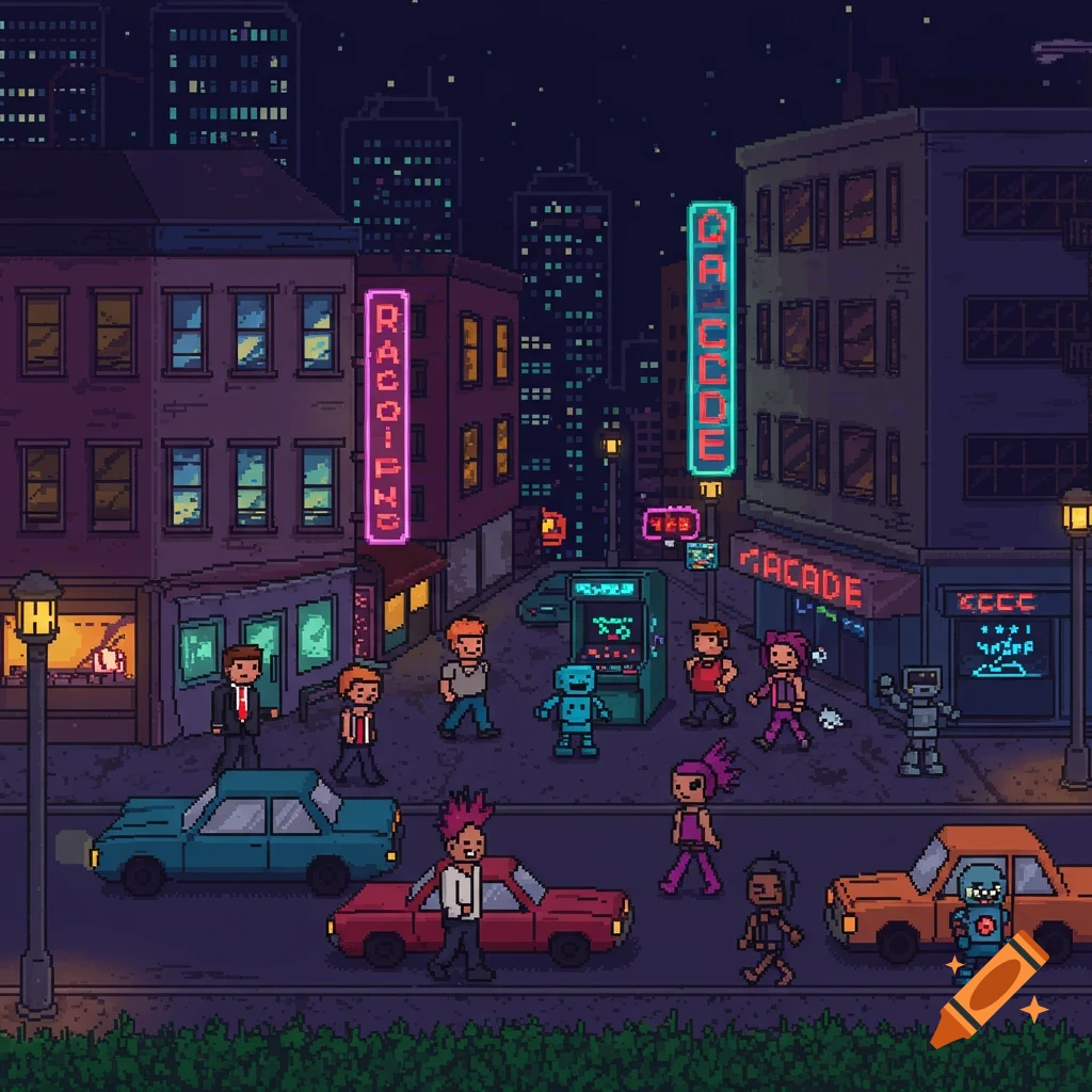 Pixel art street scene at night with people, robots, cars, and buildings with neon signs.