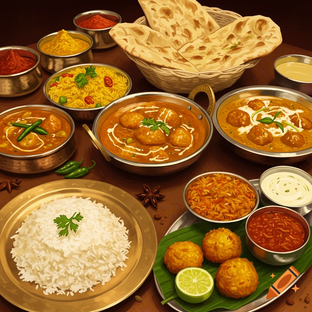 An Indian food feast including curries, rice, naan, and sides.