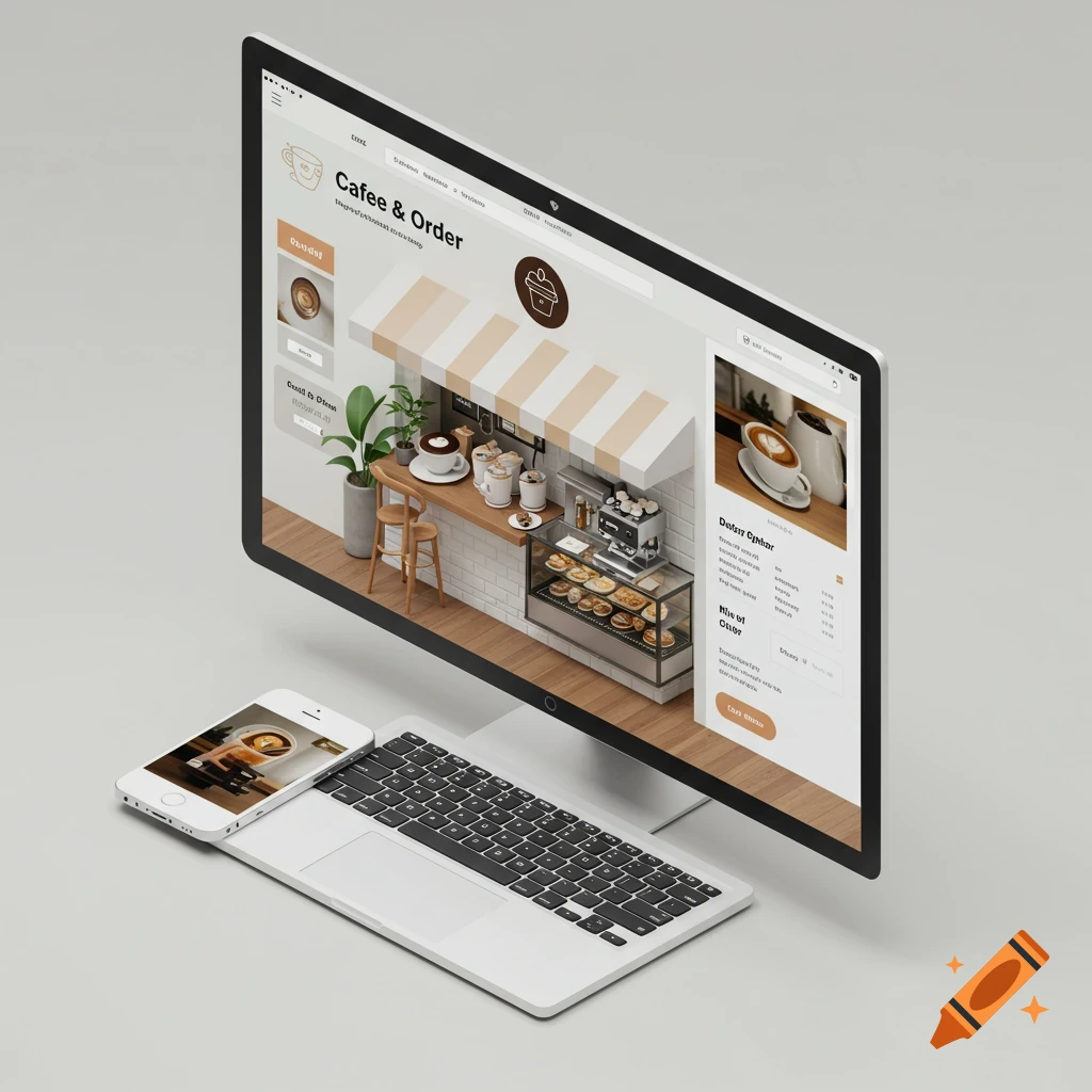 A computer monitor and keyboard display a website design for a cafe, with a phone showing a coffee image.
