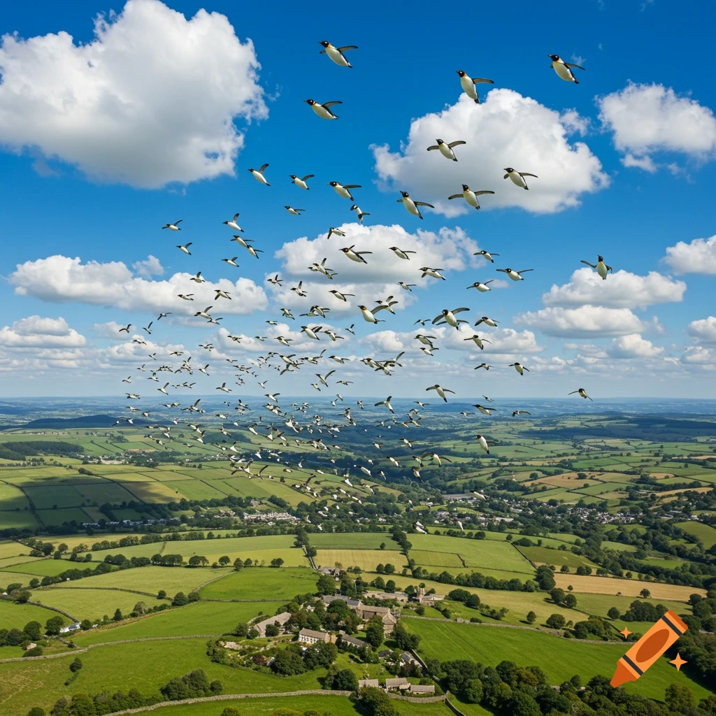 A large flock of penguins flies over a green landscape under a blue sky with clouds.