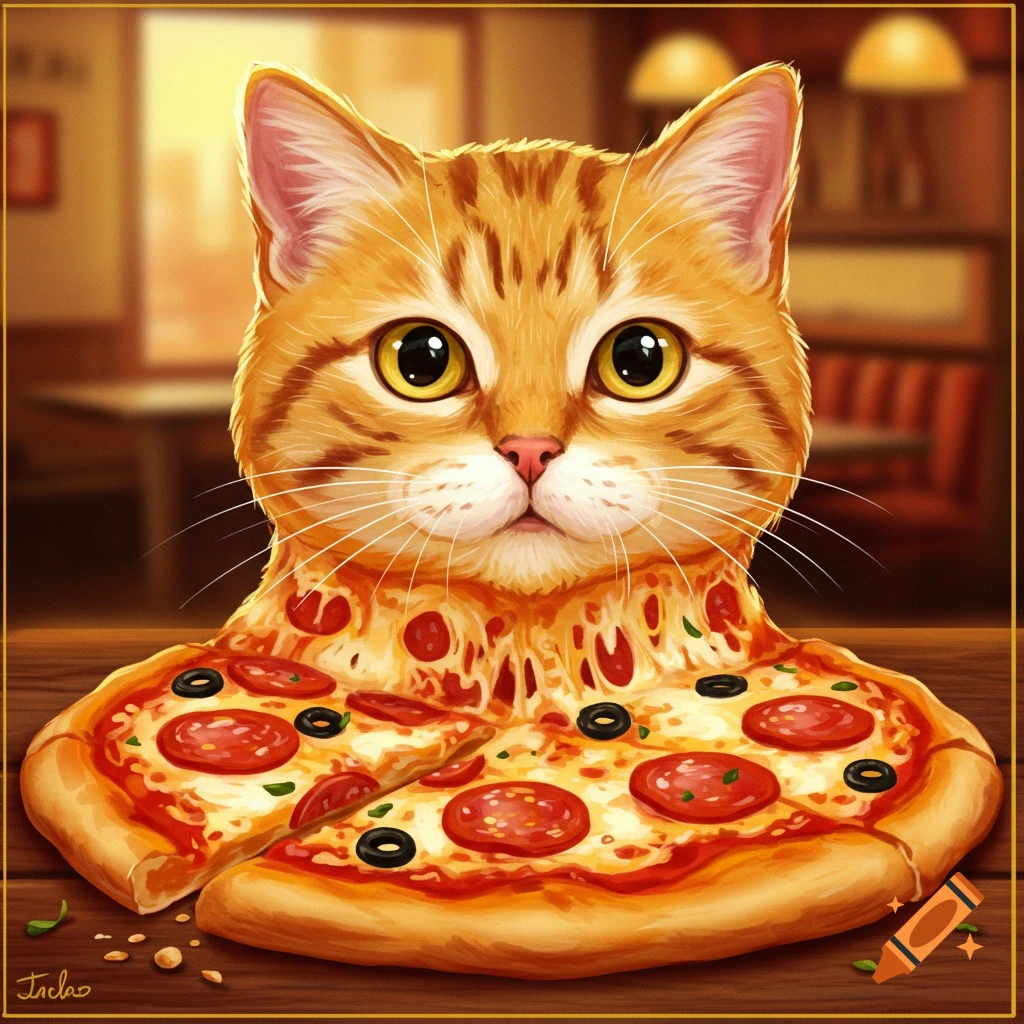 An orange cat's head is on top of a pepperoni and olive pizza.