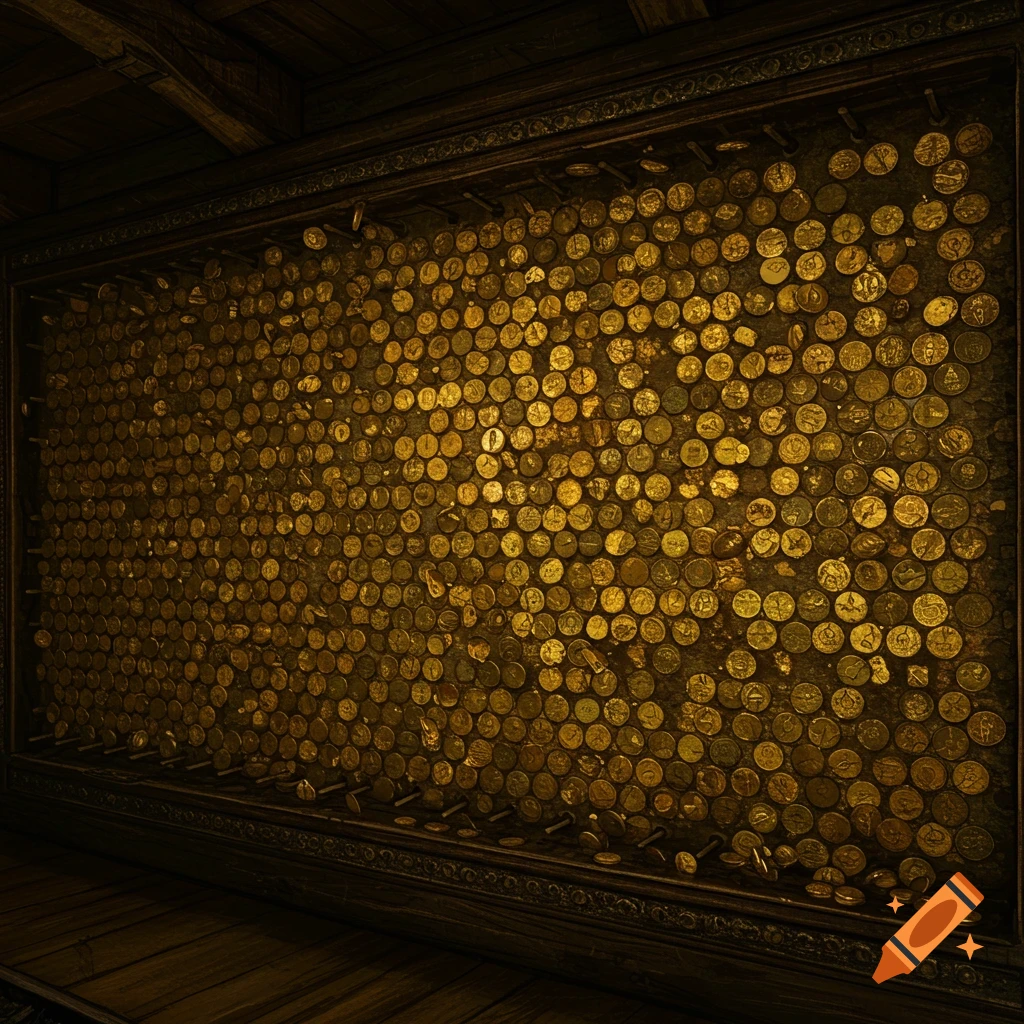 A large rack filled with many gold coins, resembling Davy Jones' treasure.