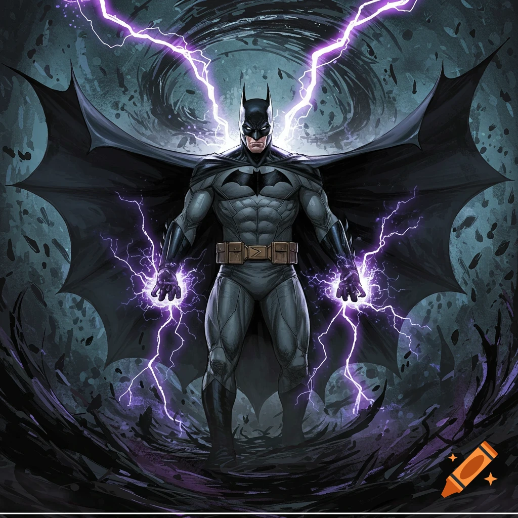 Batman standing with purple lightning around his hands.
