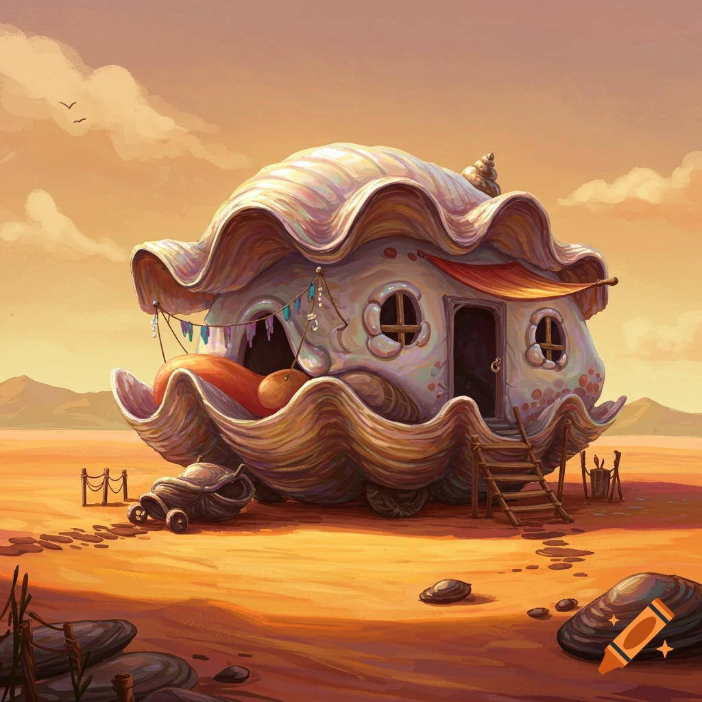 A caravan made from a giant clam shell in a desert landscape