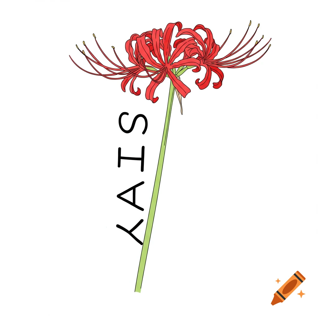 Line art illustration of a red spider lily flower with the word STAY written vertically along the stem.