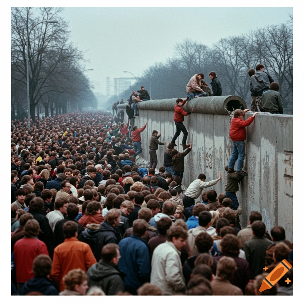 A large crowd of people gathering around and climbing on the Berlin Wall in a historic photograph.