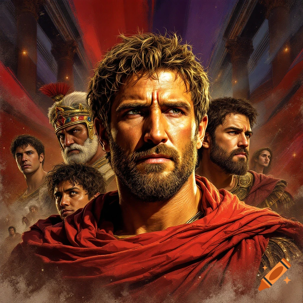 A movie poster featuring several dramatic figures in Roman attire, centered on one man in red fabric.