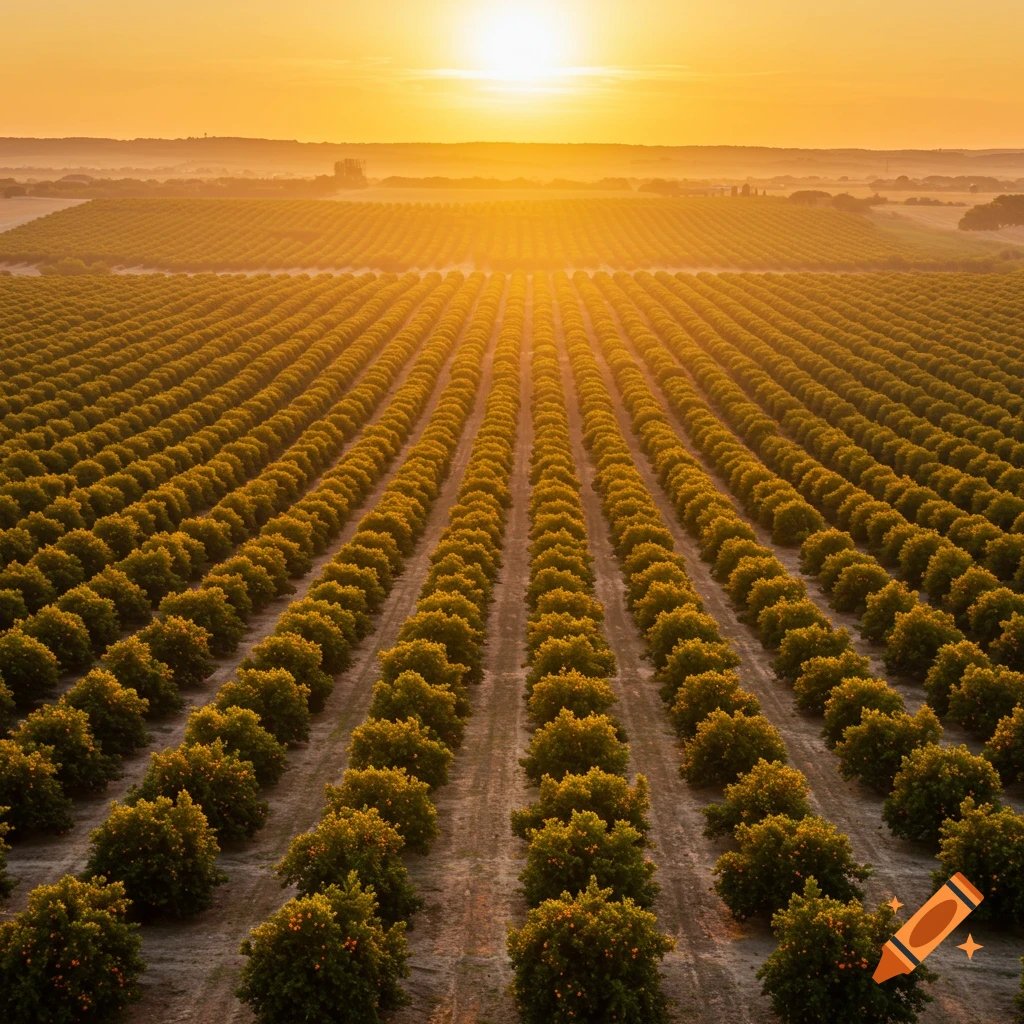 Aerial view of rows of trees in an orange orchard at sunset.