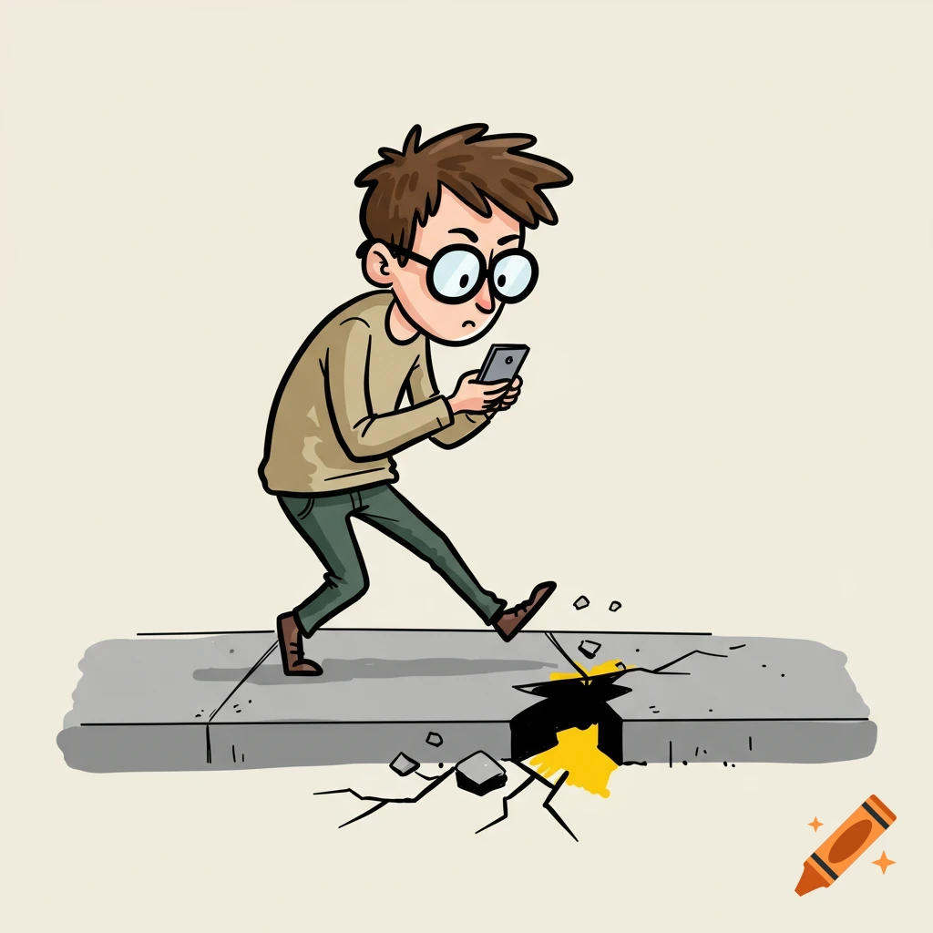 Cartoon person walks while looking at phone, about to fall into sidewalk crack.