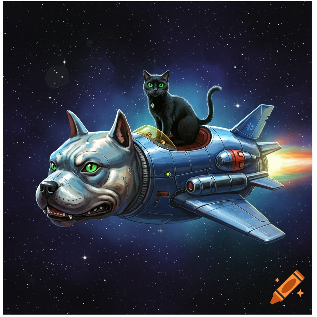 A black cartoon kitten with a laser gun rides a dolphin through space ...